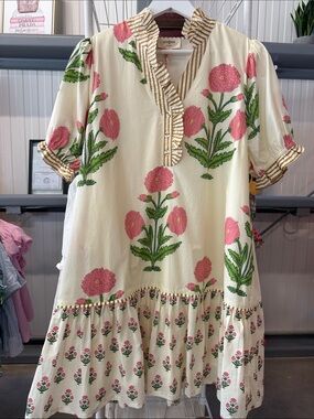 Umgee Cream Midi Dress with Pink Floral Print and Green Leaves